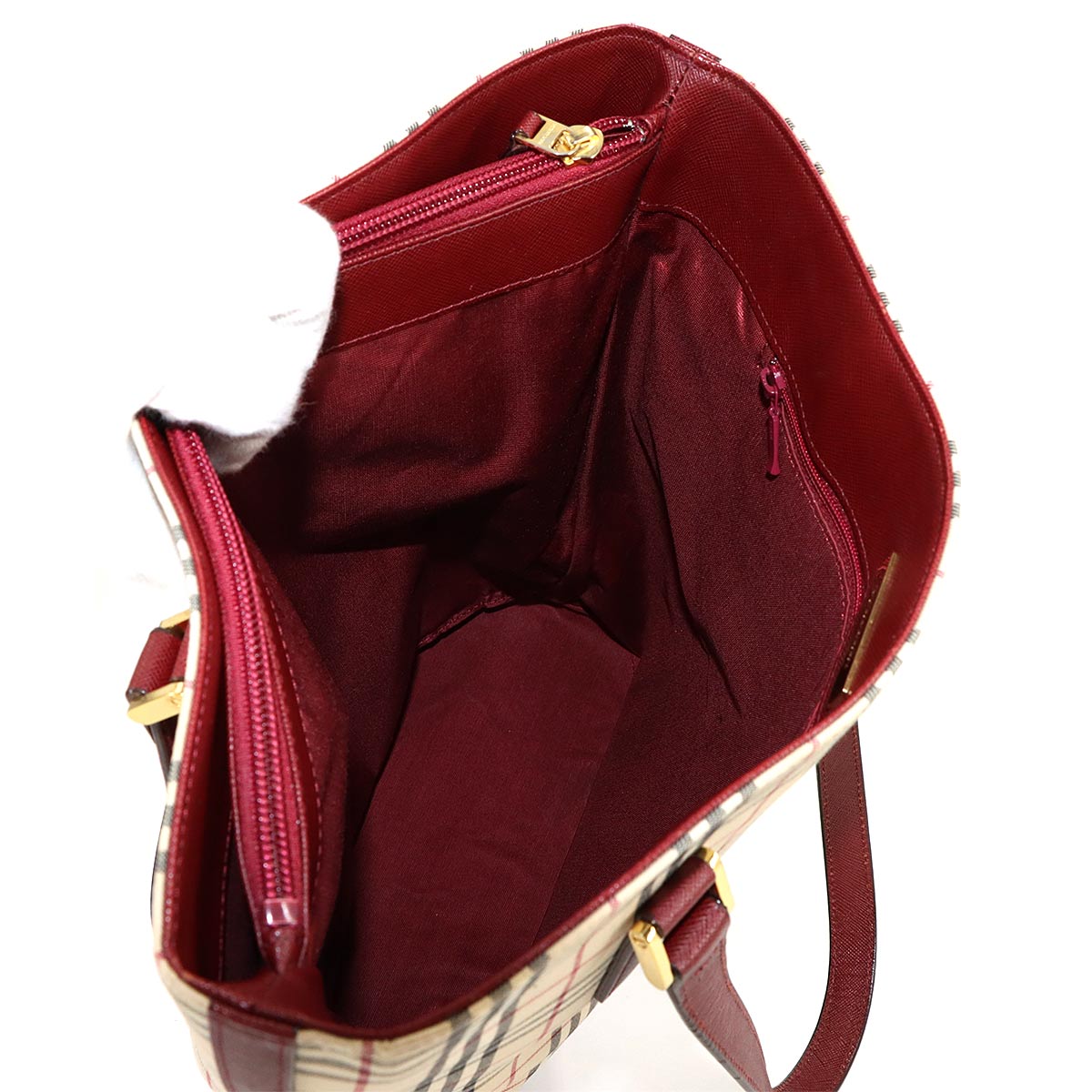 Plaid Tote Bag Canvas Leather Beige Bordeaux Purse