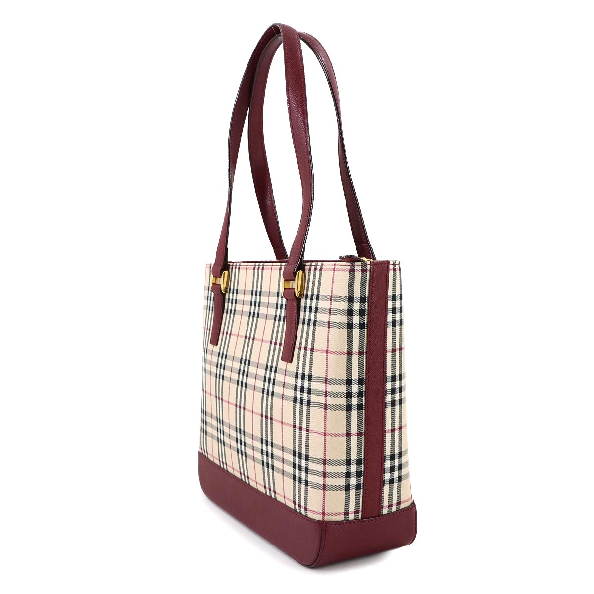 Plaid Hand Bag Canvas Leather Beige Bordeaux Purse