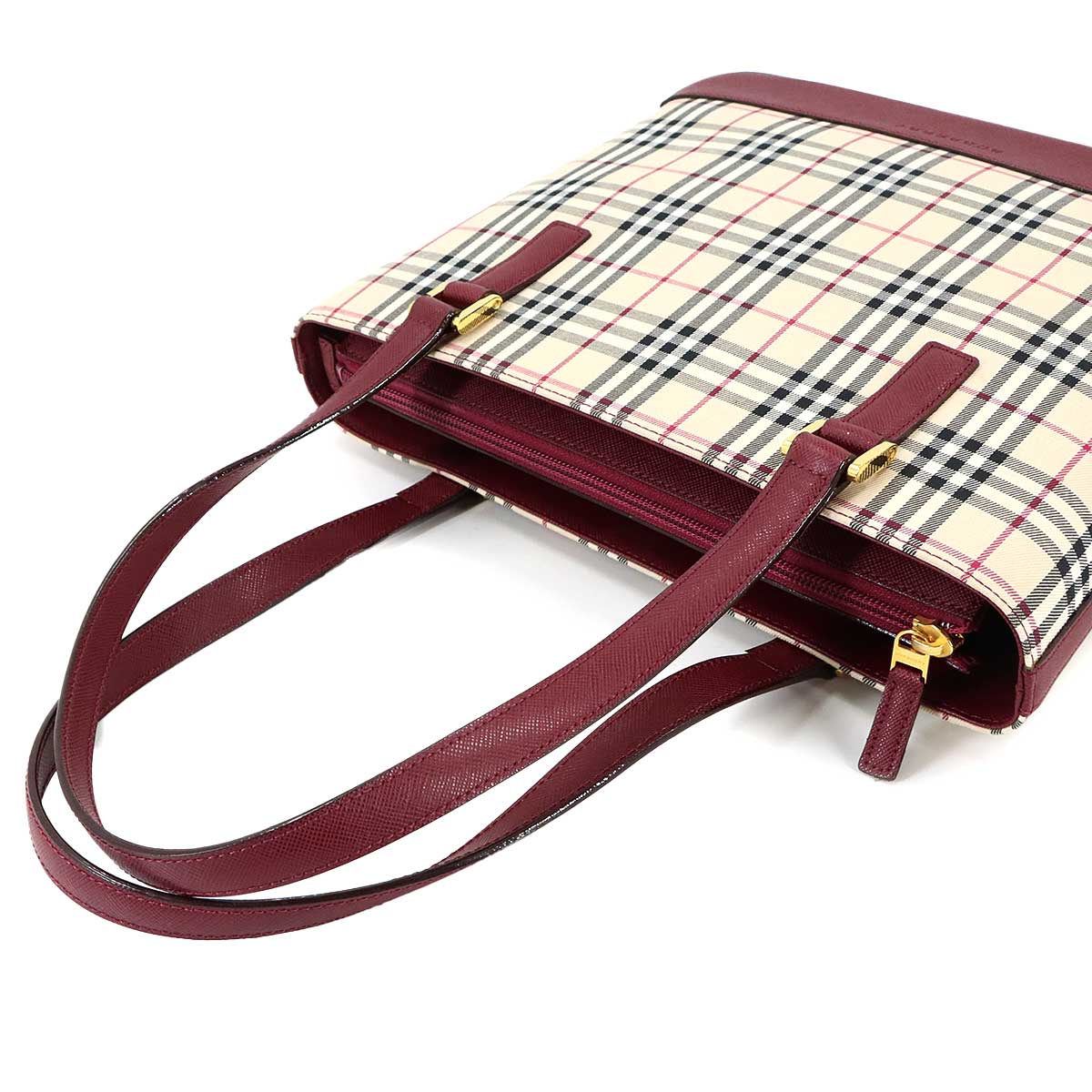 Plaid Hand Bag Canvas Leather Beige Bordeaux Purse
