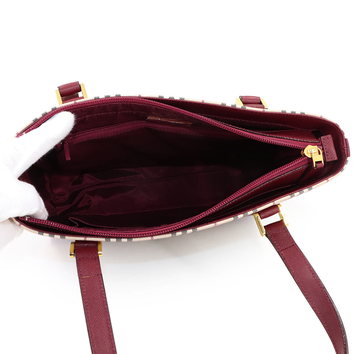 Plaid Hand Bag Canvas Leather Beige Bordeaux Purse