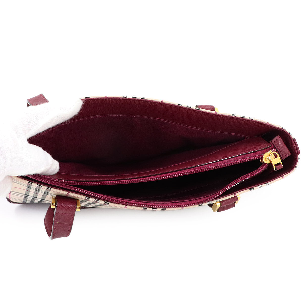 Plaid Hand Bag Canvas Leather Beige Bordeaux Purse