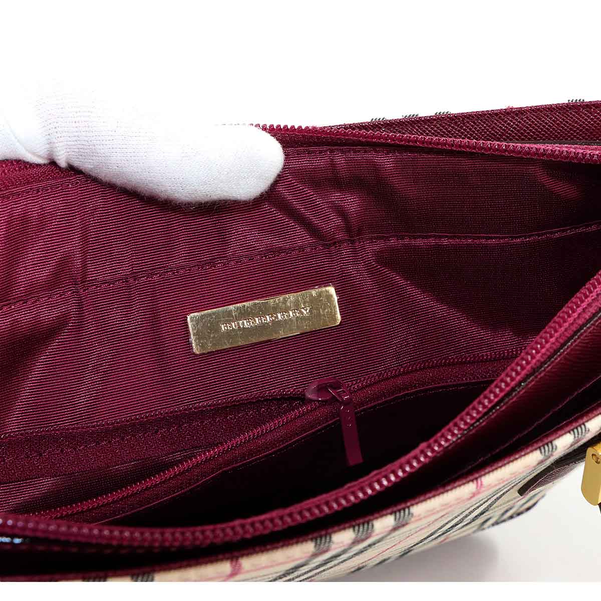 Plaid Hand Bag Canvas Leather Beige Bordeaux Purse