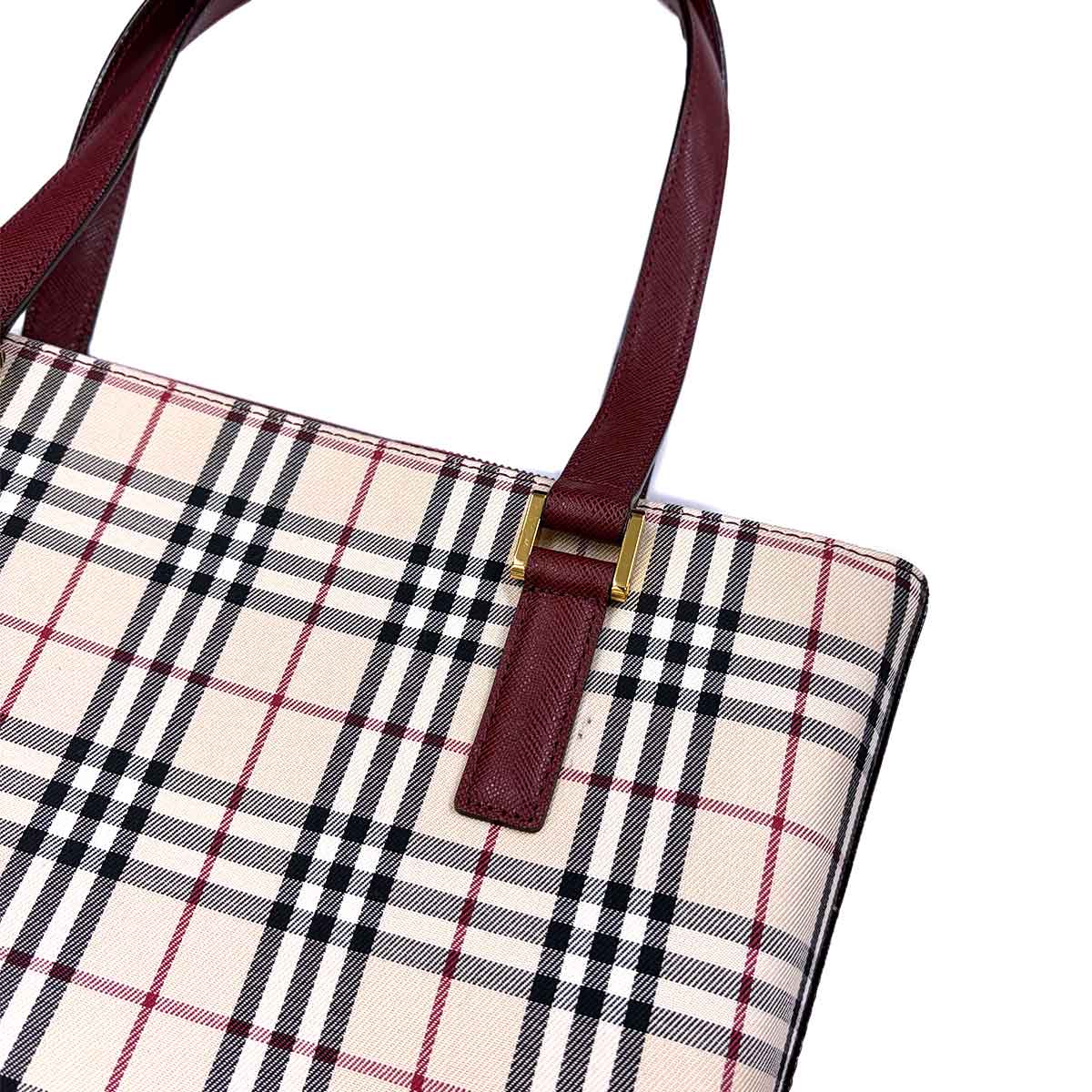 Plaid Hand Bag Canvas Leather Beige Bordeaux Purse