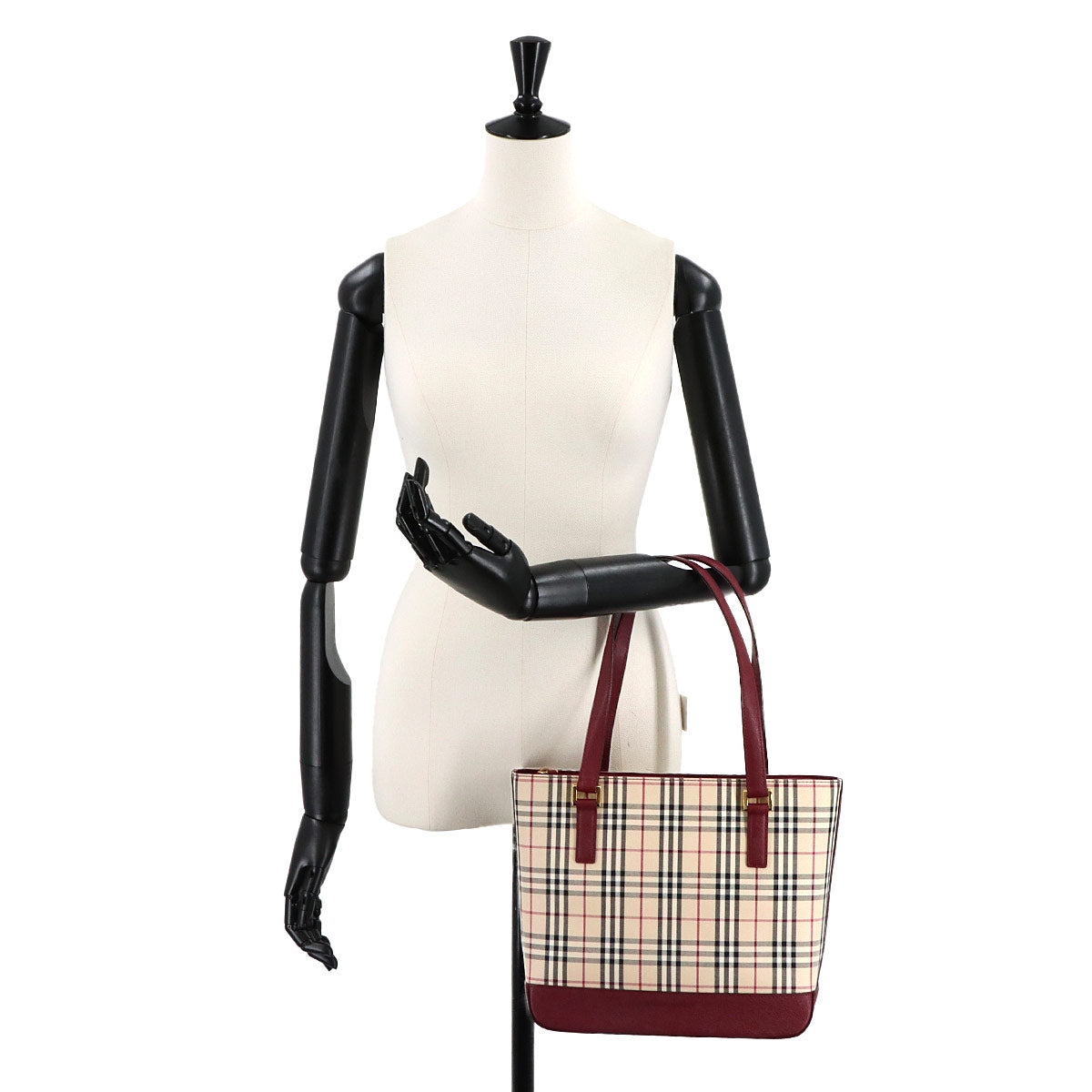 Plaid Hand Bag Canvas Leather Beige Bordeaux Purse