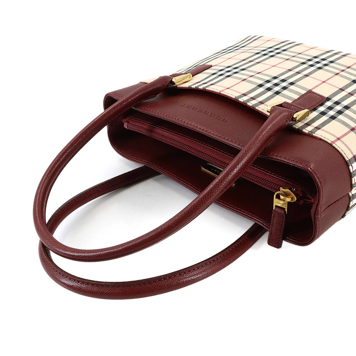 Hand Bag Canvas Leather Beige Bordeaux Purse