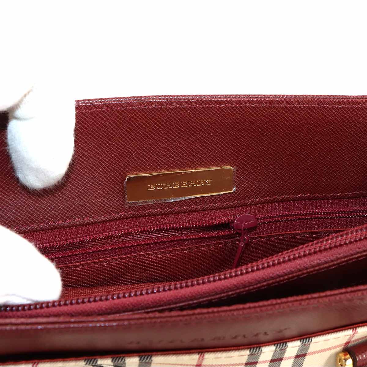 Hand Bag Canvas Leather Beige Bordeaux Purse