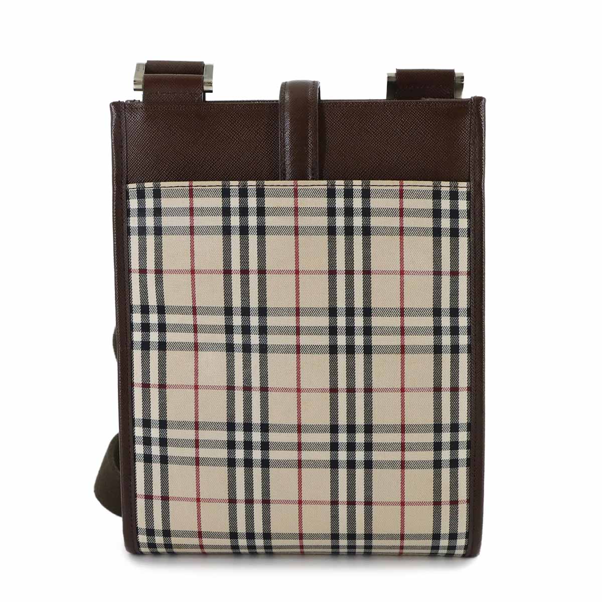 Shoulder Bag Canvas Leather Beige Brown Plaid Purse
