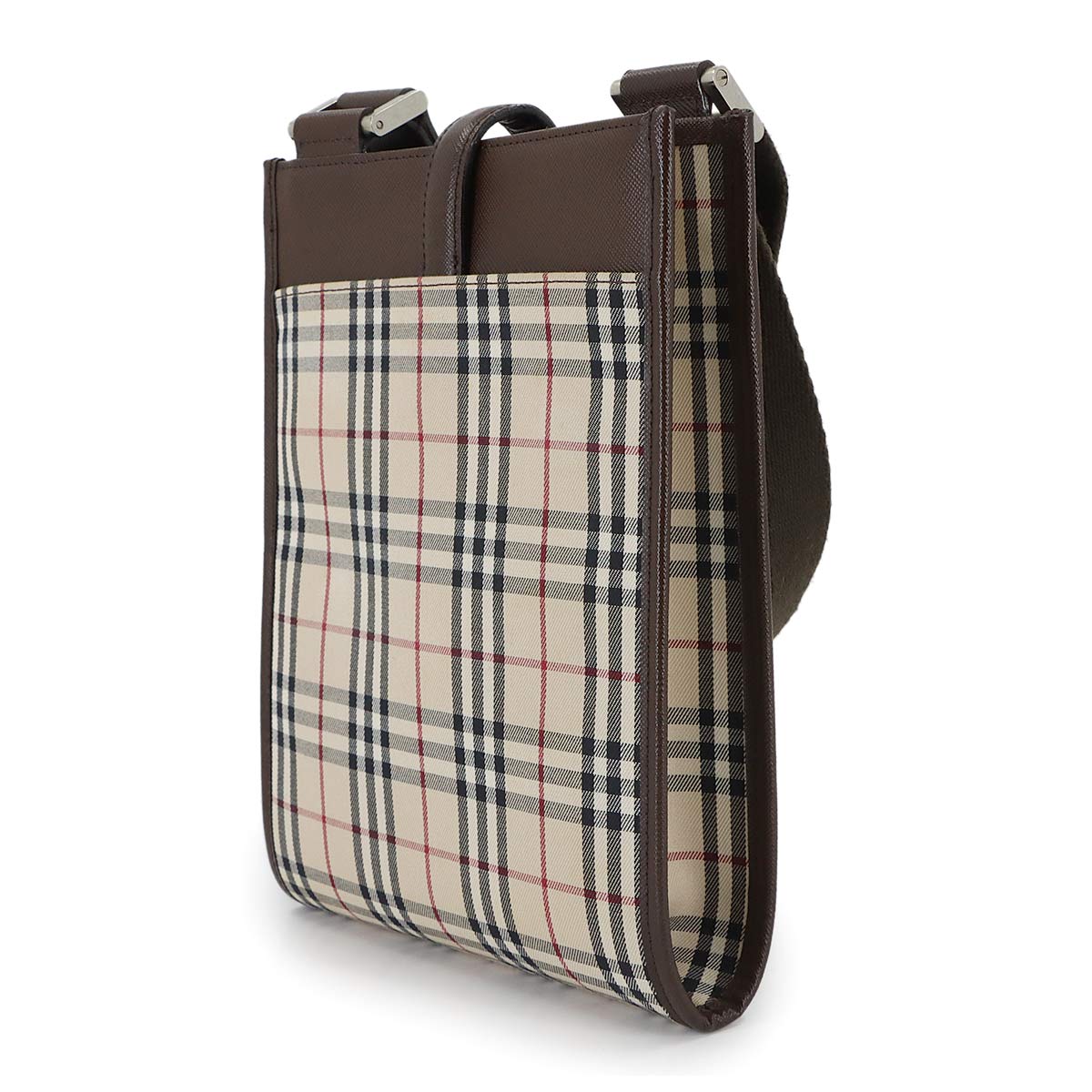 Shoulder Bag Canvas Leather Beige Brown Plaid Purse