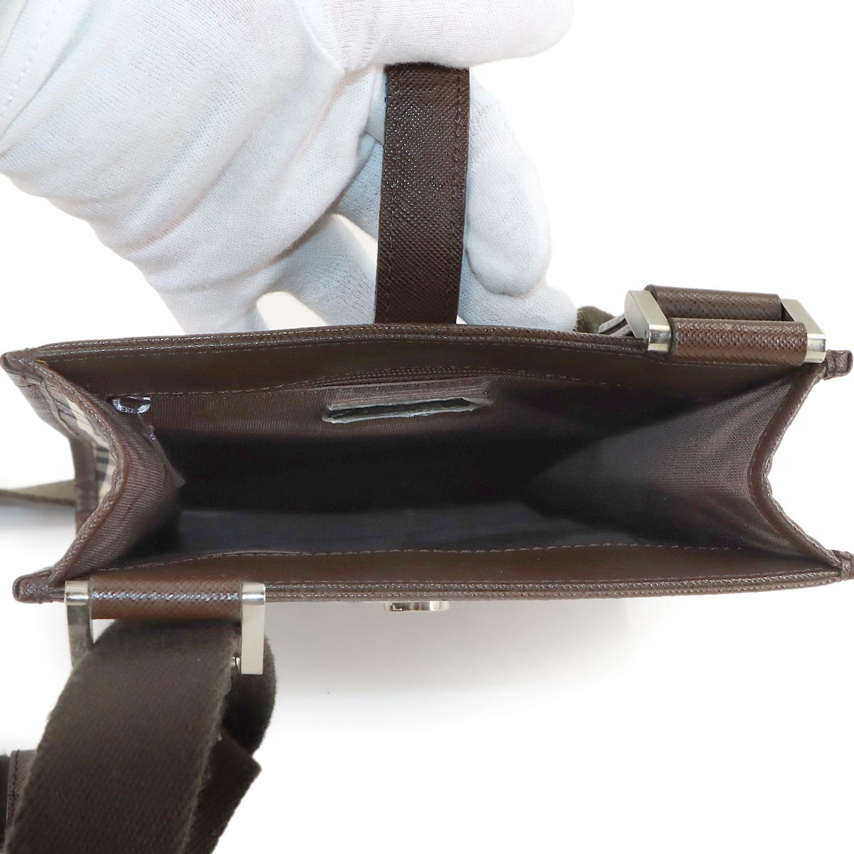 Shoulder Bag Canvas Leather Beige Brown Plaid Purse