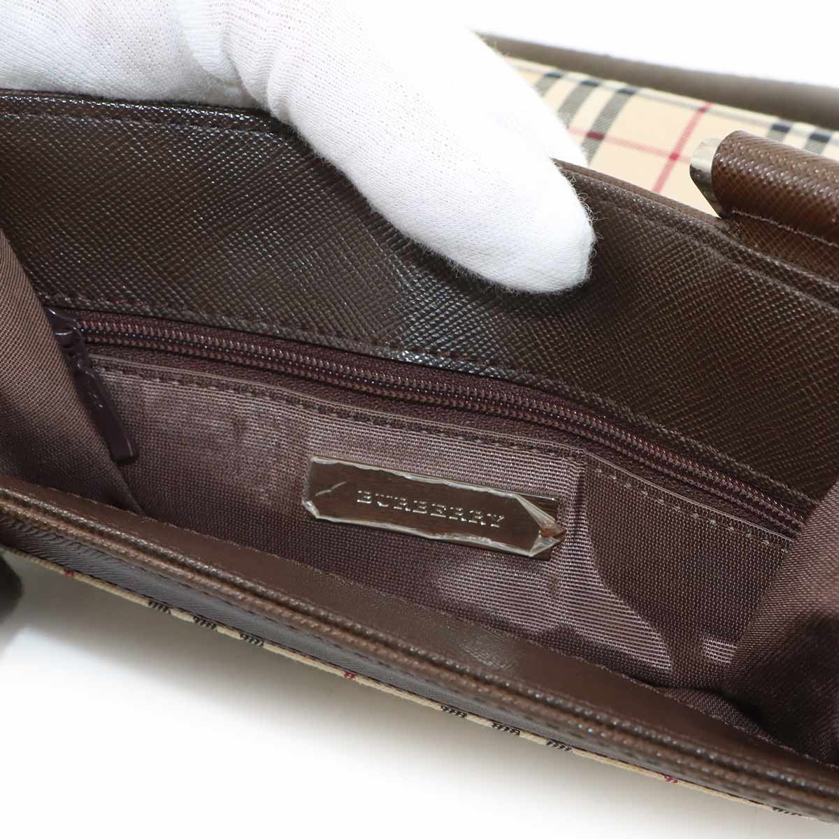 Shoulder Bag Canvas Leather Beige Brown Plaid Purse