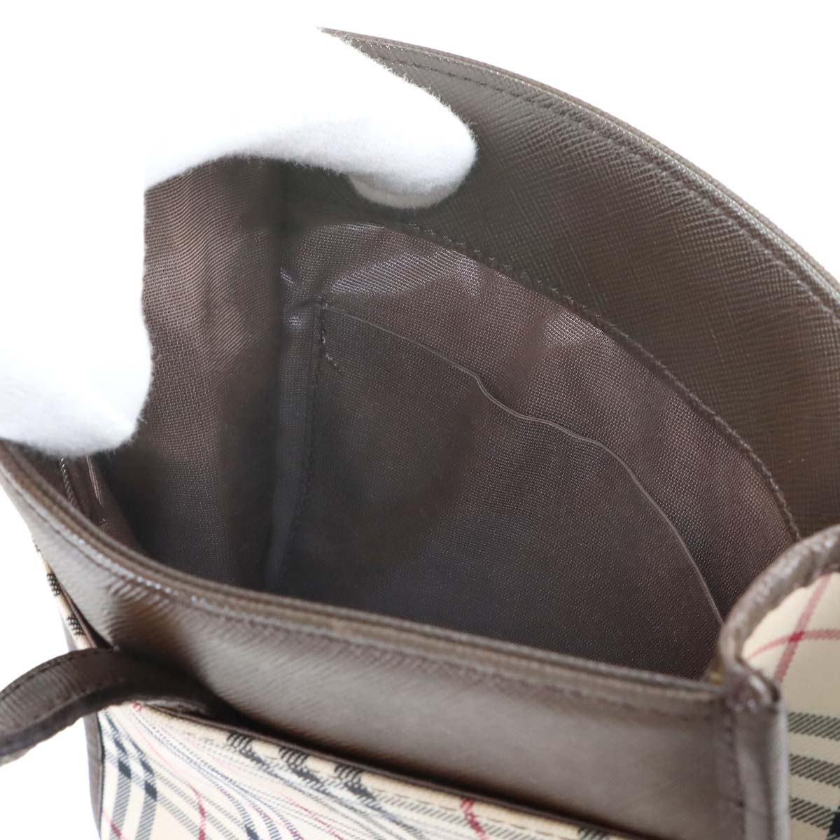 Shoulder Bag Canvas Leather Beige Brown Plaid Purse