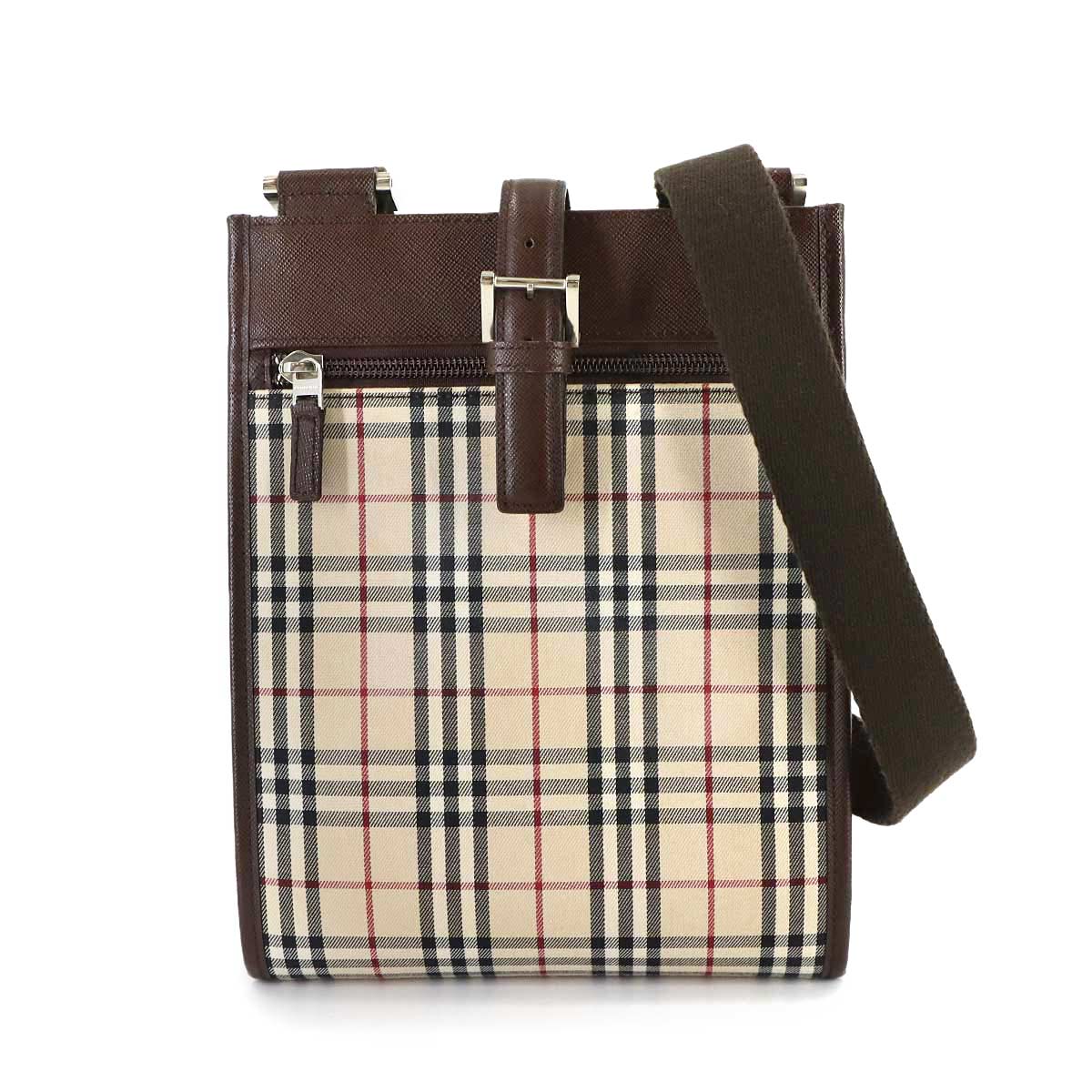 Shoulder Bag Canvas Leather Beige Brown Plaid Purse