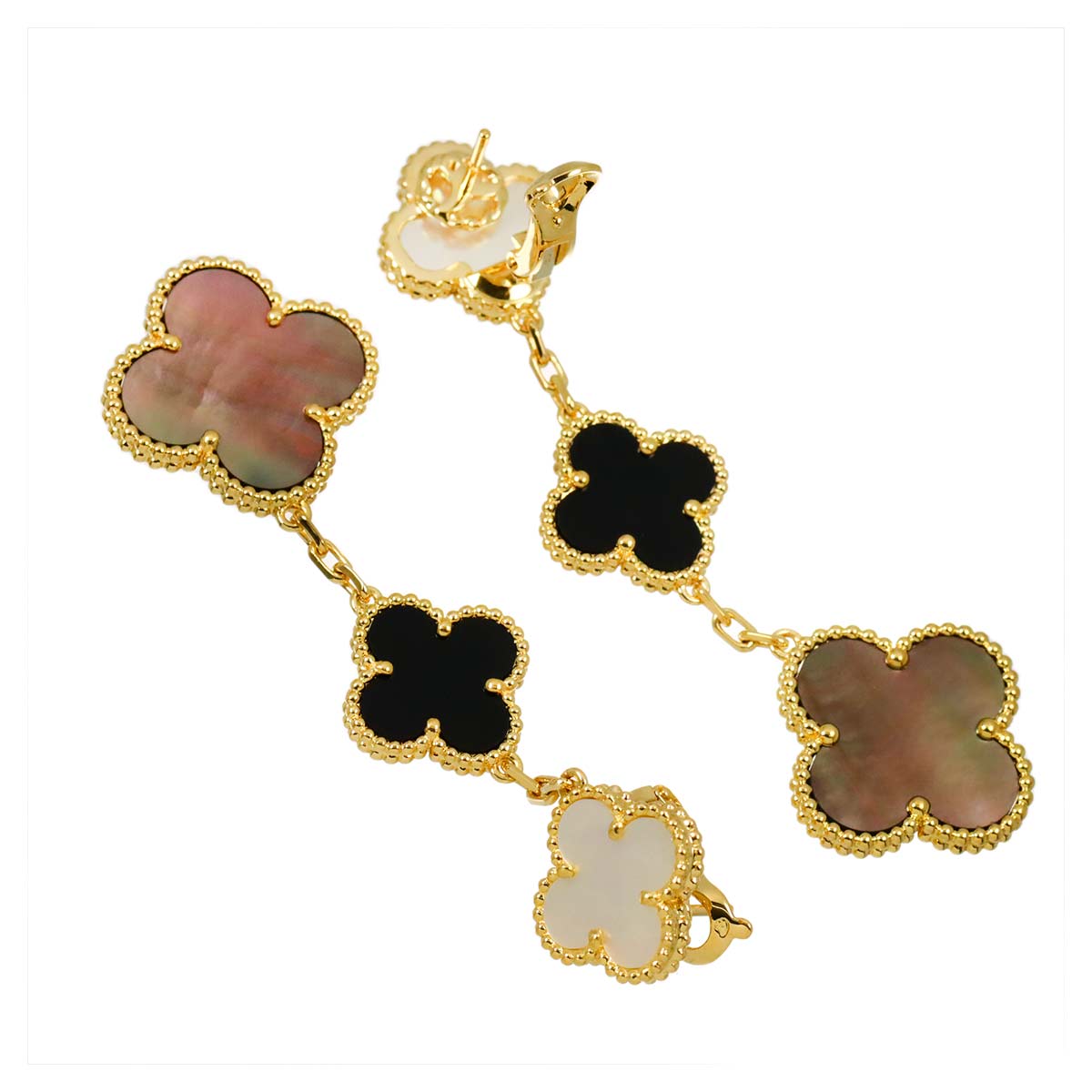Magic Alhambra MOP Onyx 3P Earrings Pierced 18K YG 750