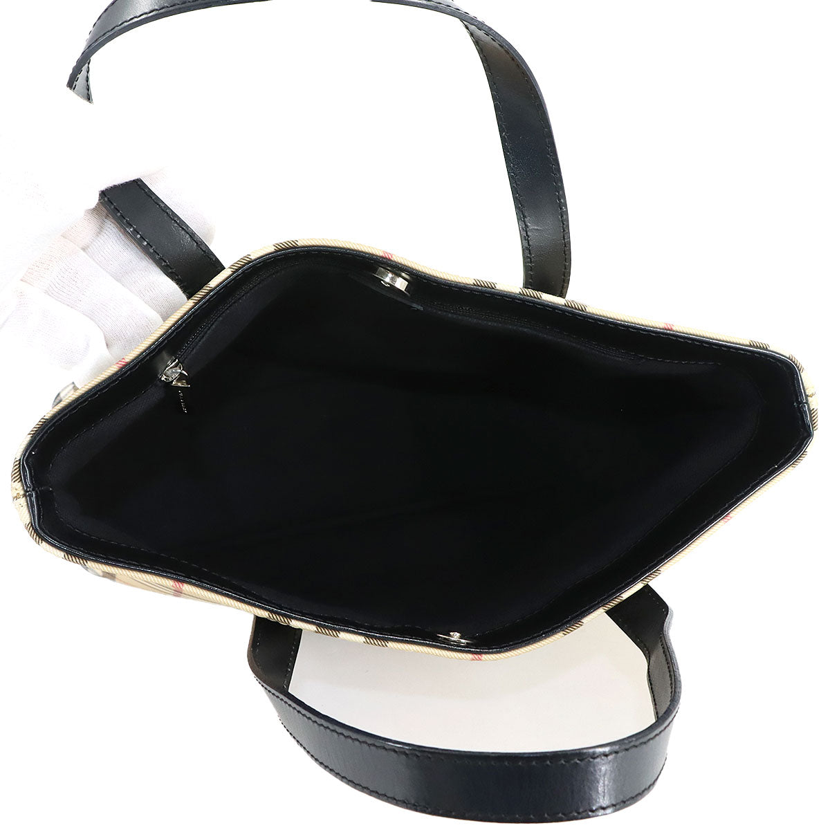 Plaid Tote Bag PVC Leather Beige Black Purse