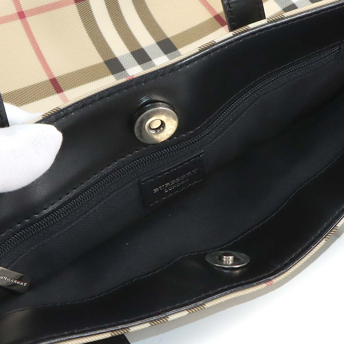 Plaid Tote Bag PVC Leather Beige Black Purse