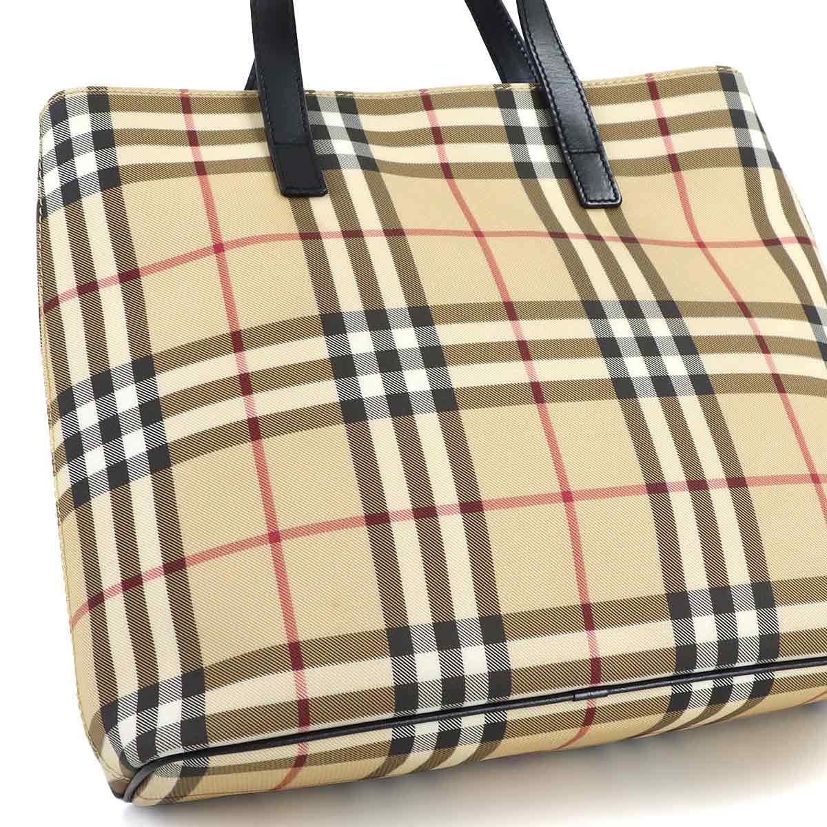 Plaid Tote Bag PVC Leather Beige Black Purse