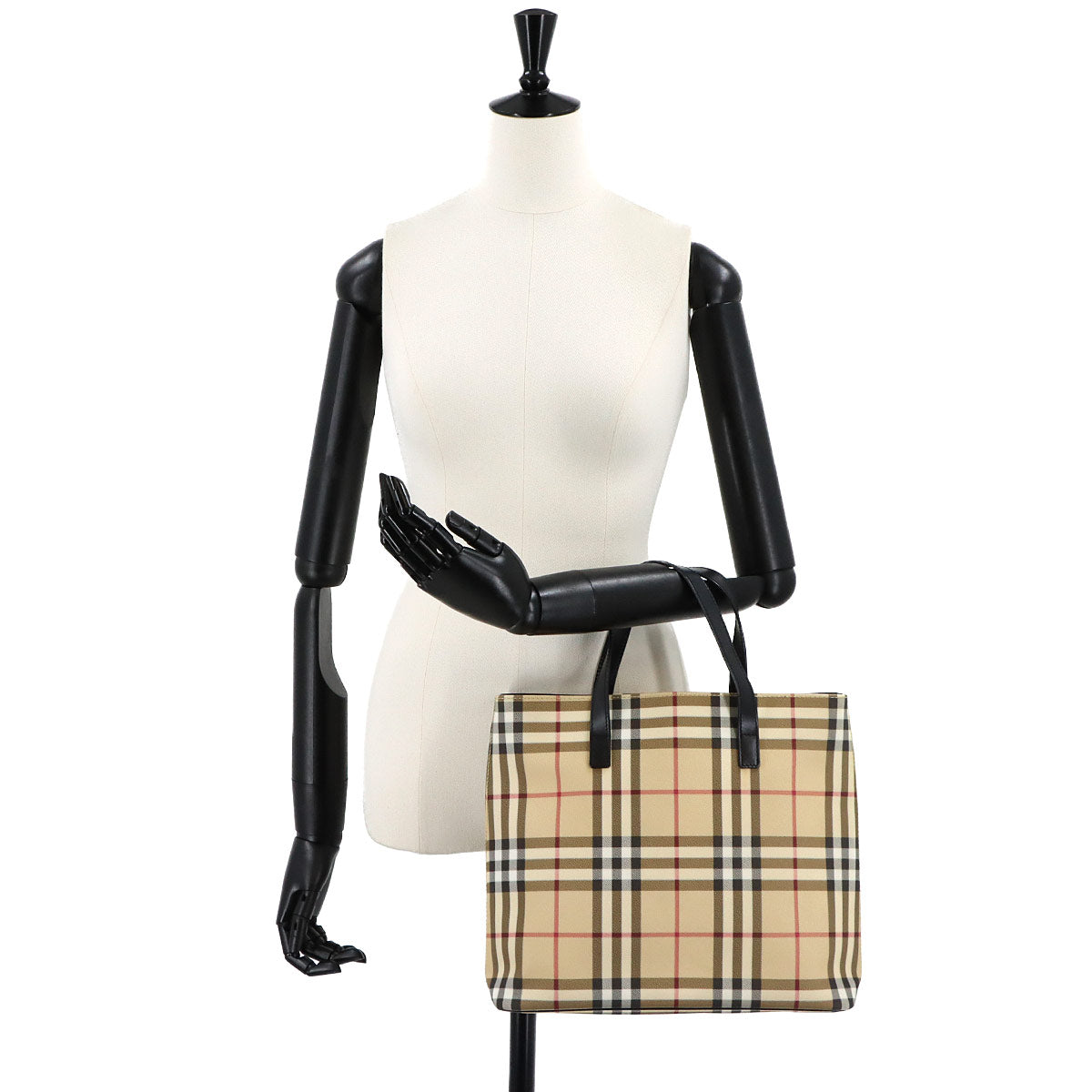Plaid Tote Bag PVC Leather Beige Black Purse