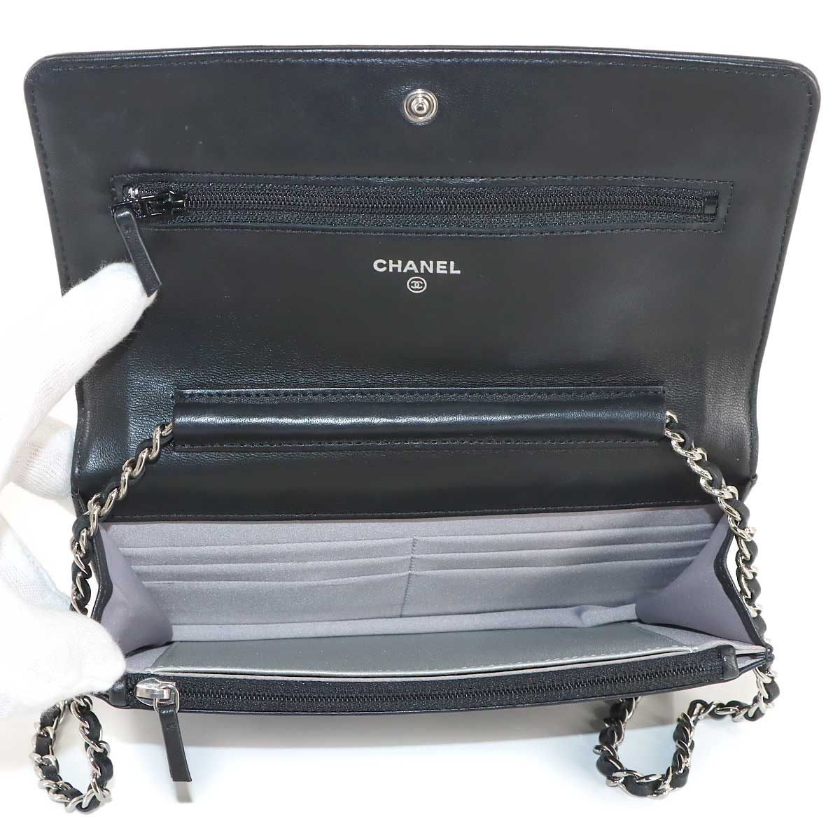 Camellia Chain Wallet Leather Black A47421 Purse CC Logos