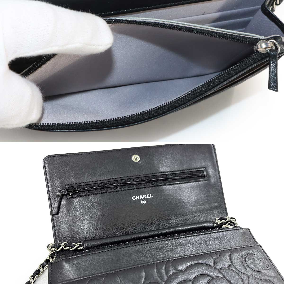Camellia Chain Wallet Leather Black A47421 Purse CC Logos