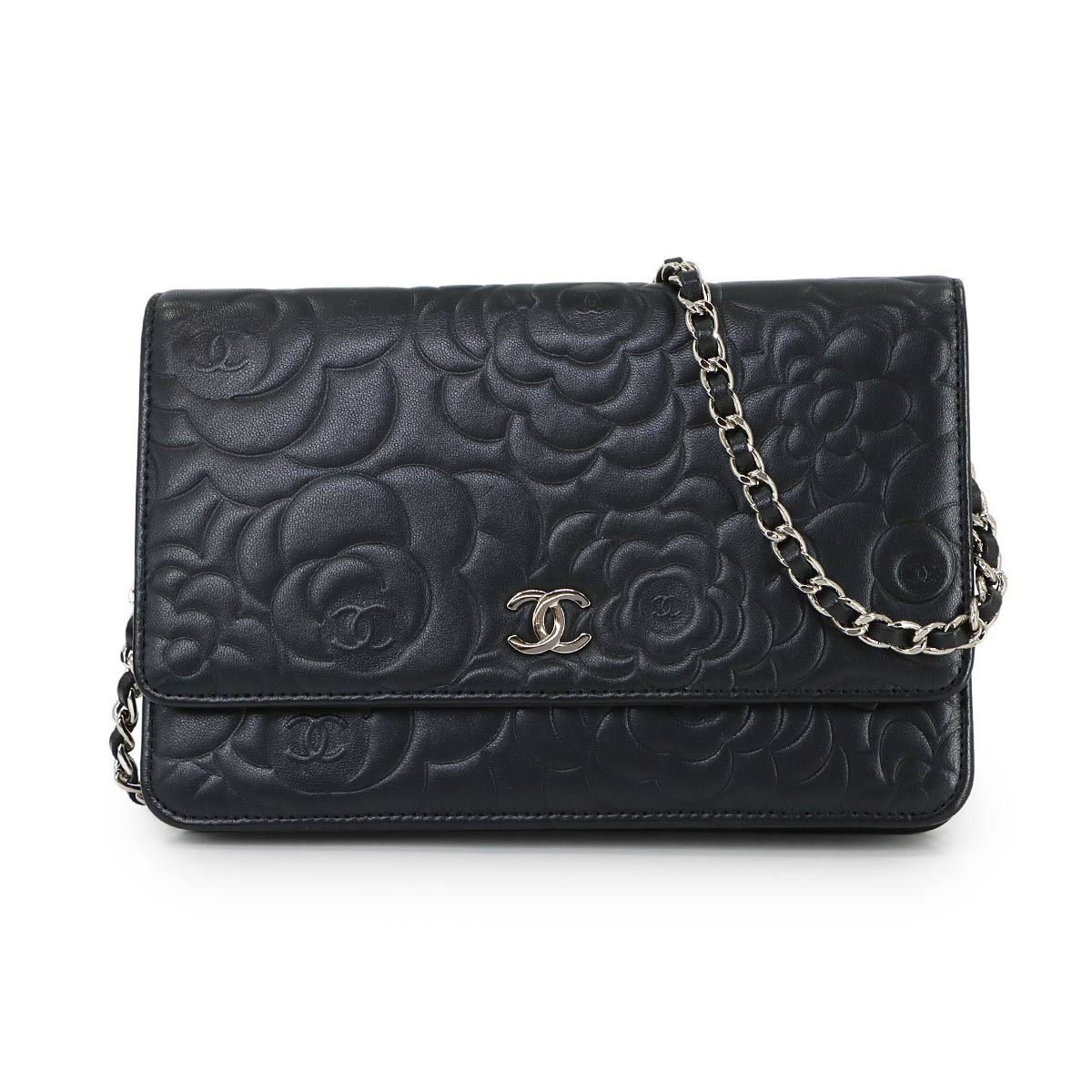 Camellia Chain Wallet Leather Black A47421 Purse CC Logos