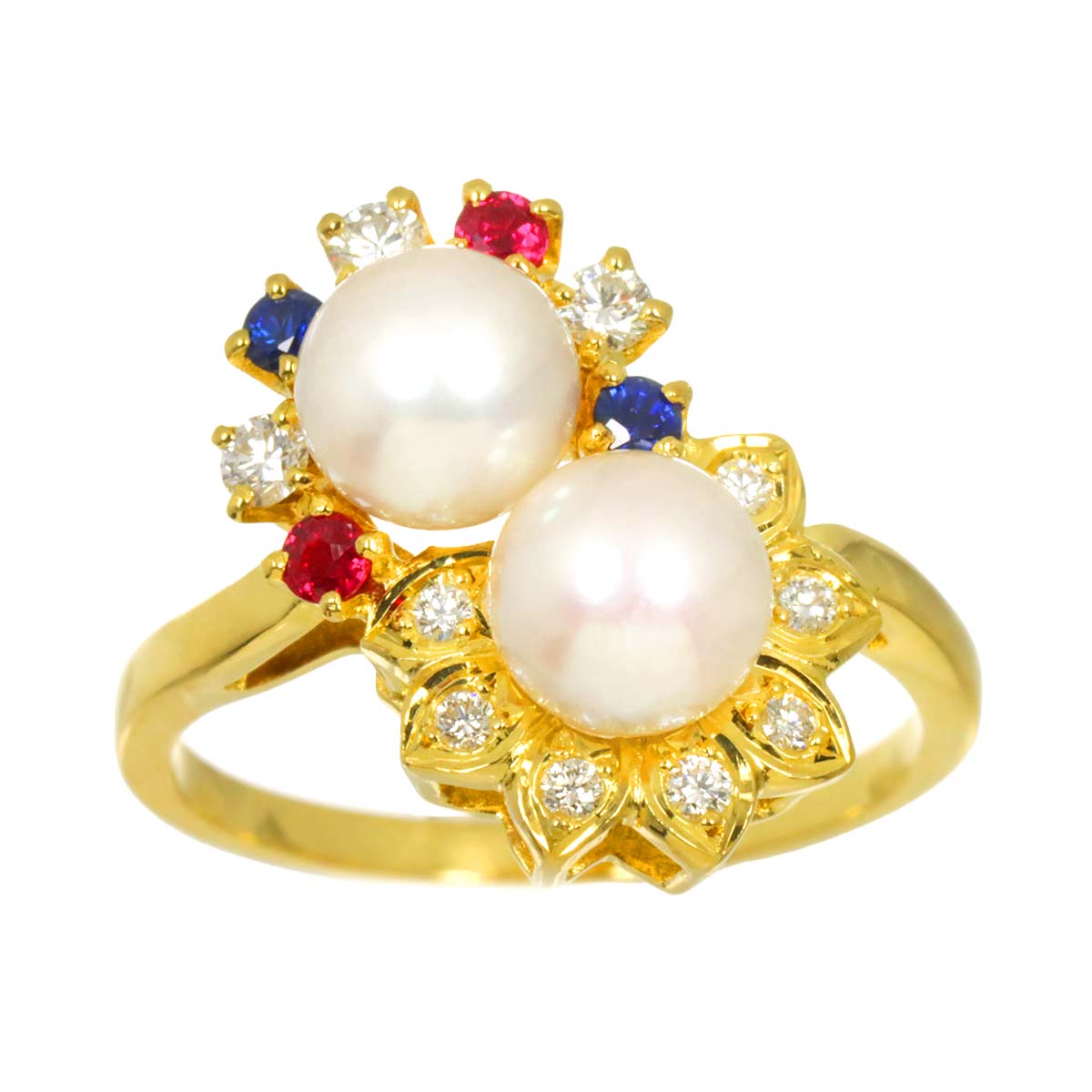 Akoya Pearl Diamond Sapphire Ruby Ring 18K YG 750 size5.25(US)