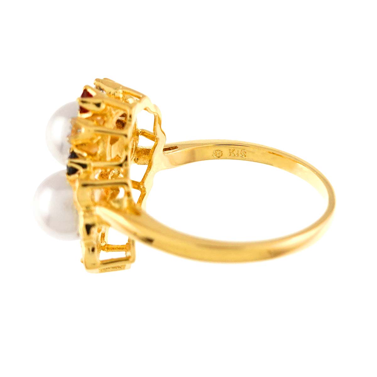 Akoya Pearl Diamond Sapphire Ruby Ring 18K YG 750 size5.25(US)