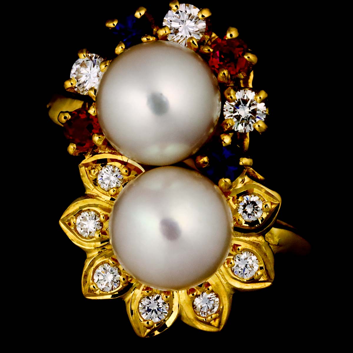 Akoya Pearl Diamond Sapphire Ruby Ring 18K YG 750 size5.25(US)