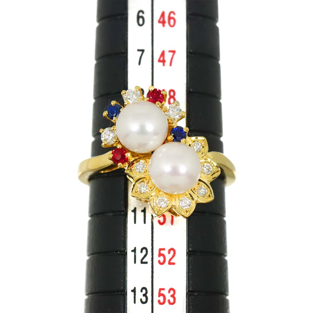Akoya Pearl Diamond Sapphire Ruby Ring 18K YG 750 size5.25(US)