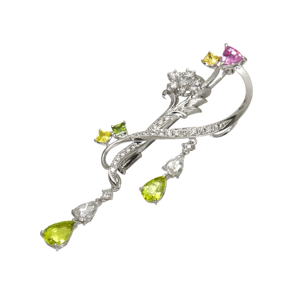 Diamond 1.31ct Peridot Sapphire Brooch 18K WG