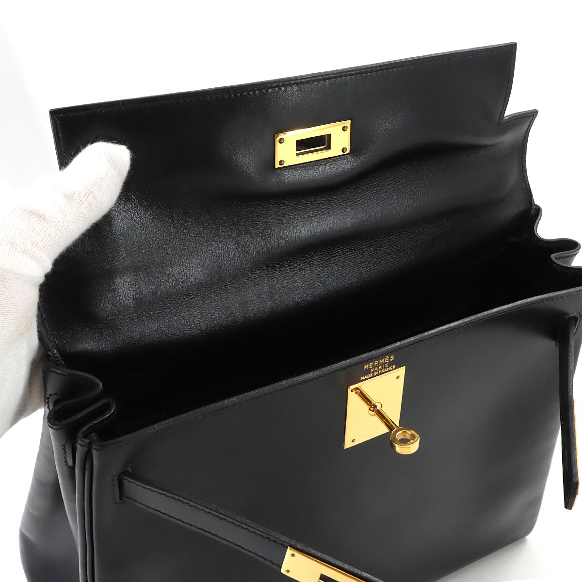 Kelly 28 Box carf Black 2way Hand Shoulder Bag Vintage Purse