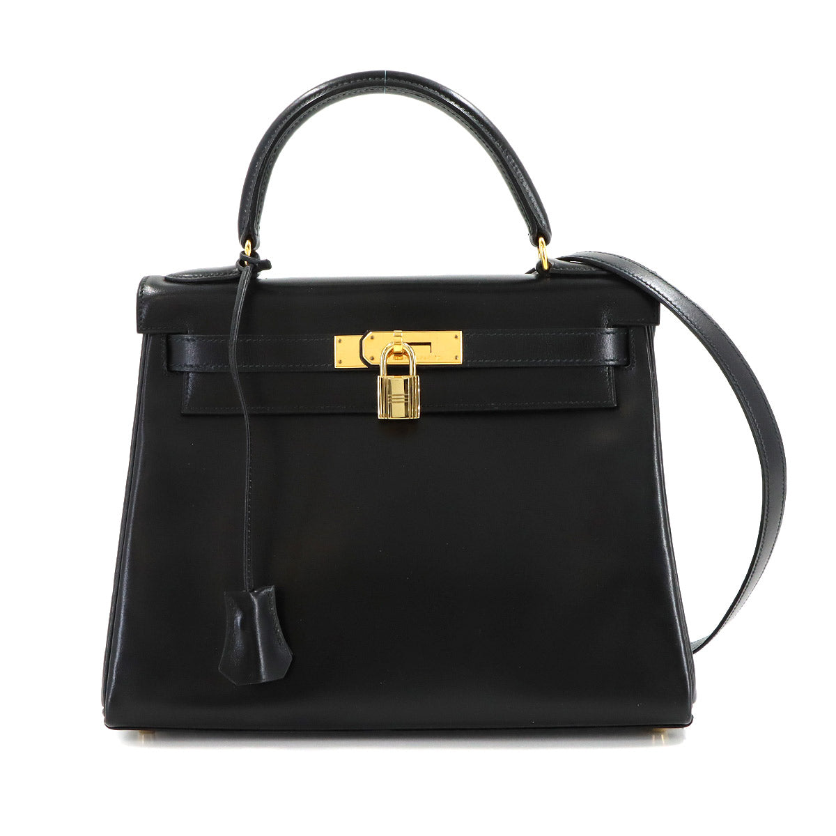 Kelly 28 Box carf Black 2way Hand Shoulder Bag Vintage Purse