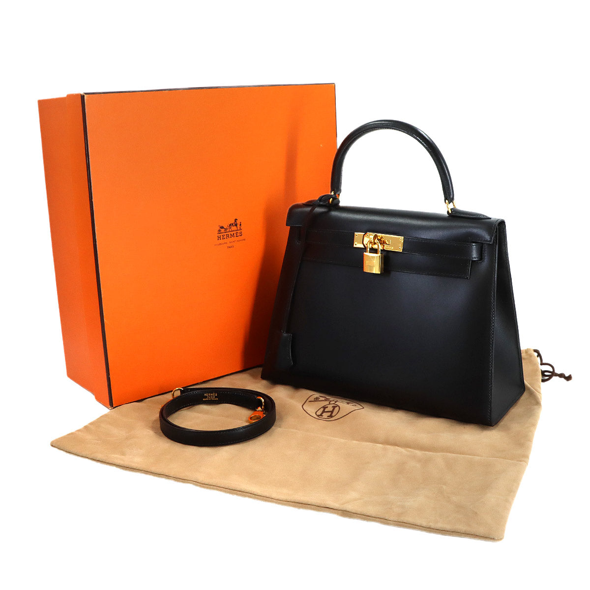 Kelly 28 Box carf Black 2way Hand Shoulder Bag Vintage Purse