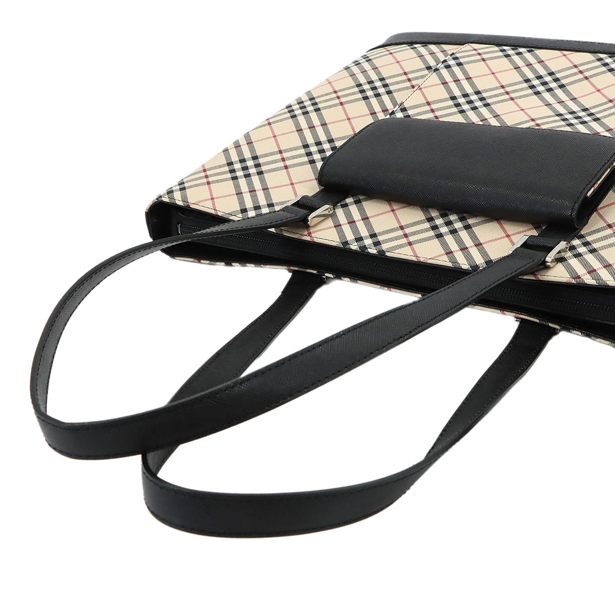 Plaid Tote Bag Canvas Leather Beige Black Purse