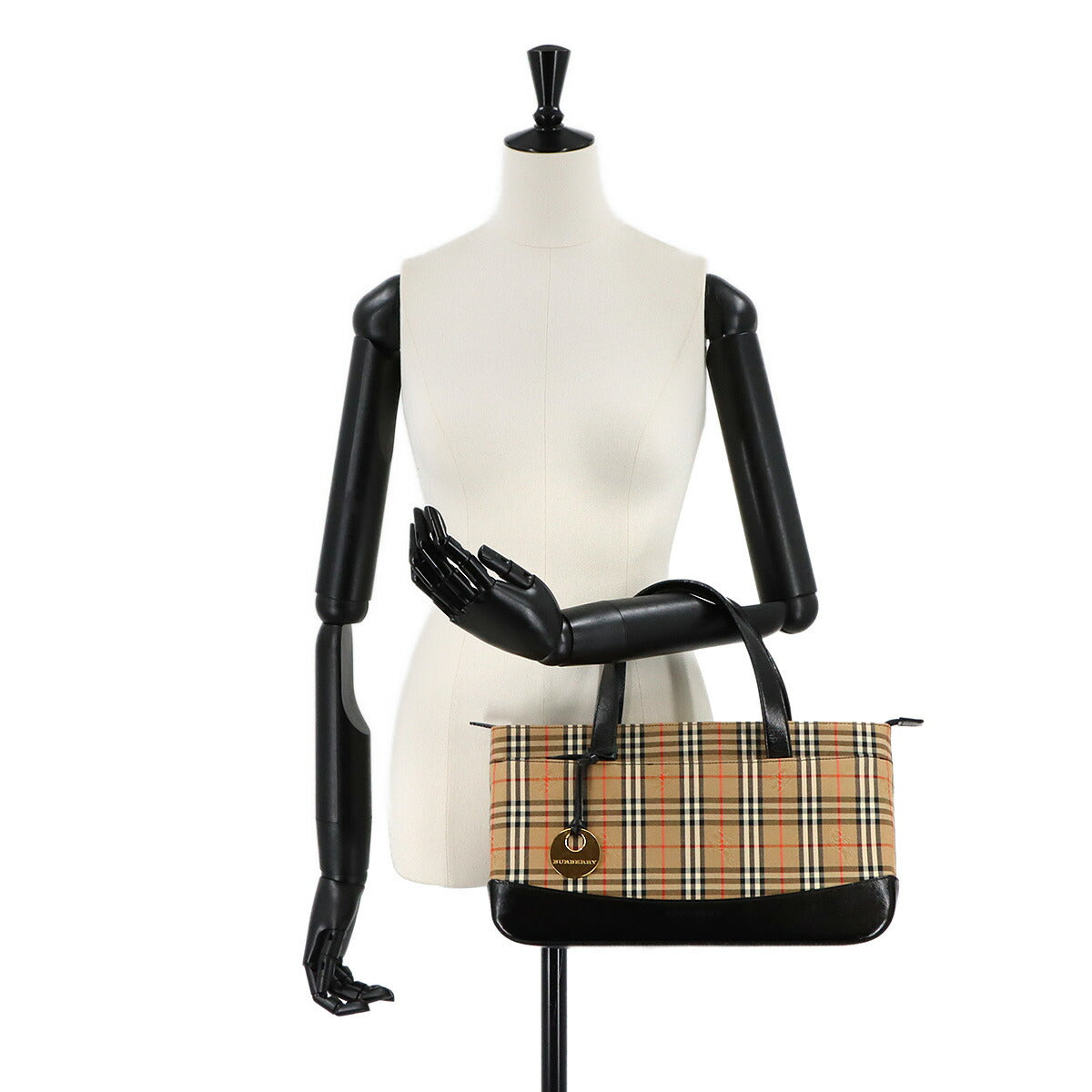 Plaid Hand Bag Canvas Leather Beige Black Haymarket