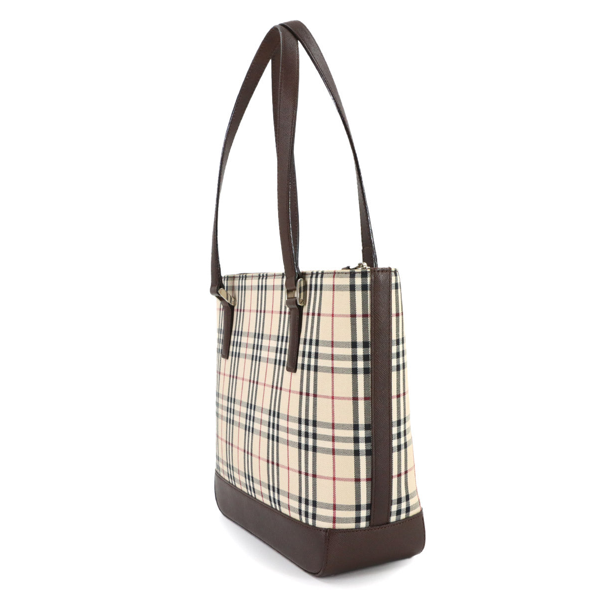 Plaid Hand Bag Canvas Leather Beige Brown Purse