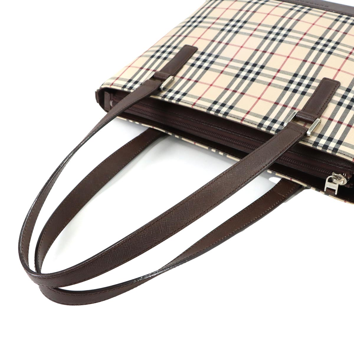 Plaid Hand Bag Canvas Leather Beige Brown Purse
