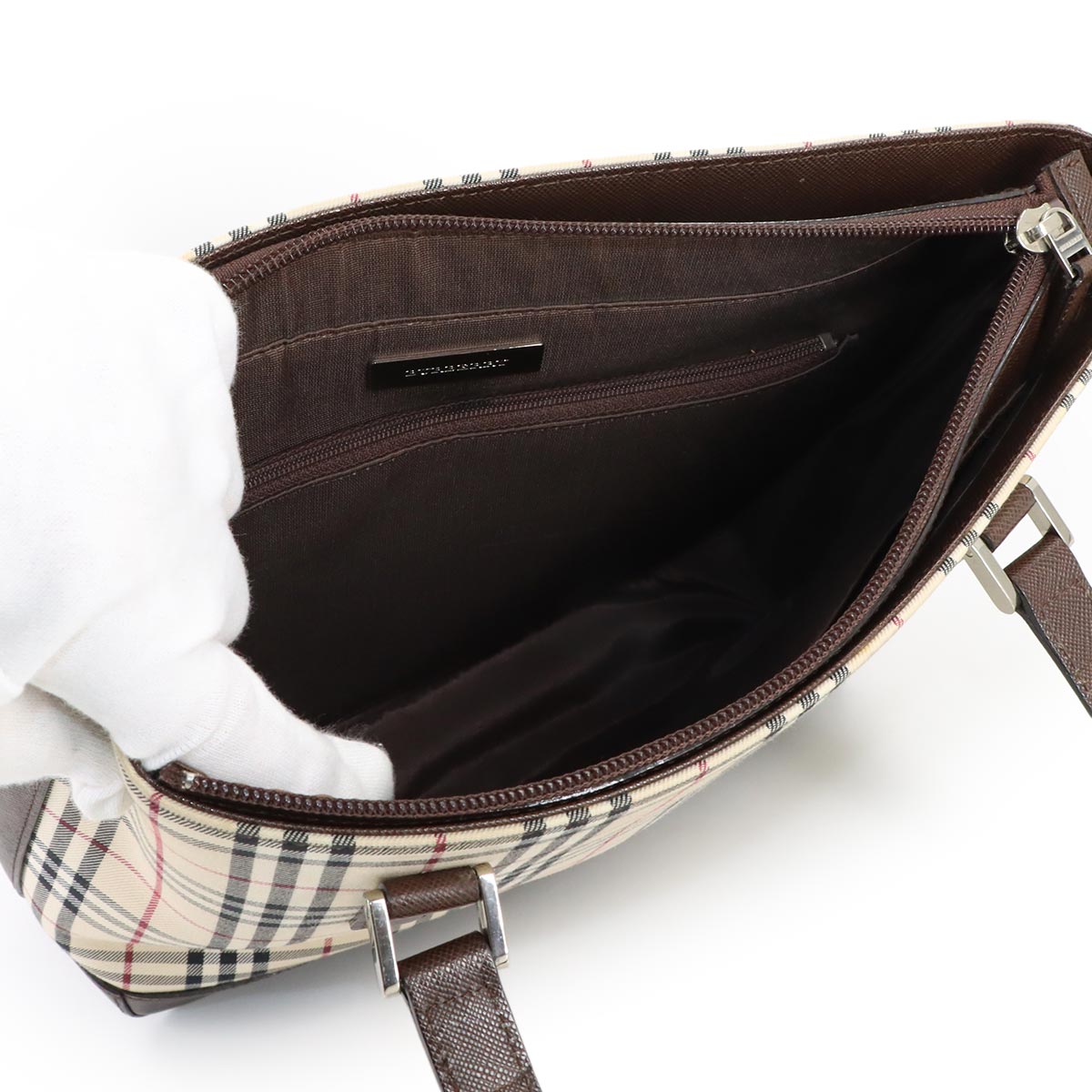Plaid Hand Bag Canvas Leather Beige Brown Purse