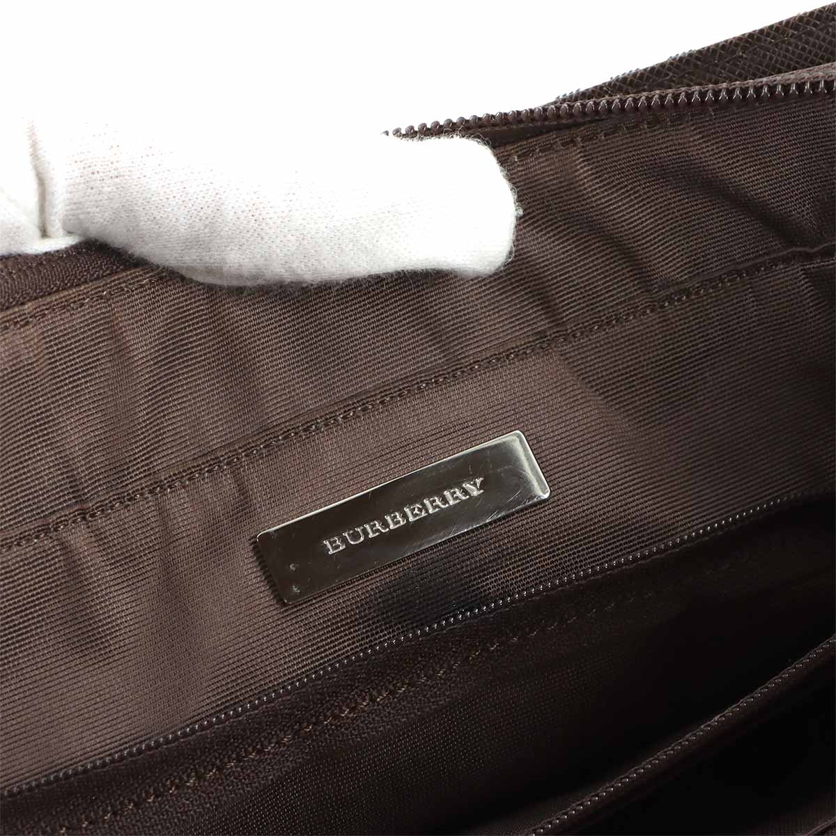 Plaid Hand Bag Canvas Leather Beige Brown Purse