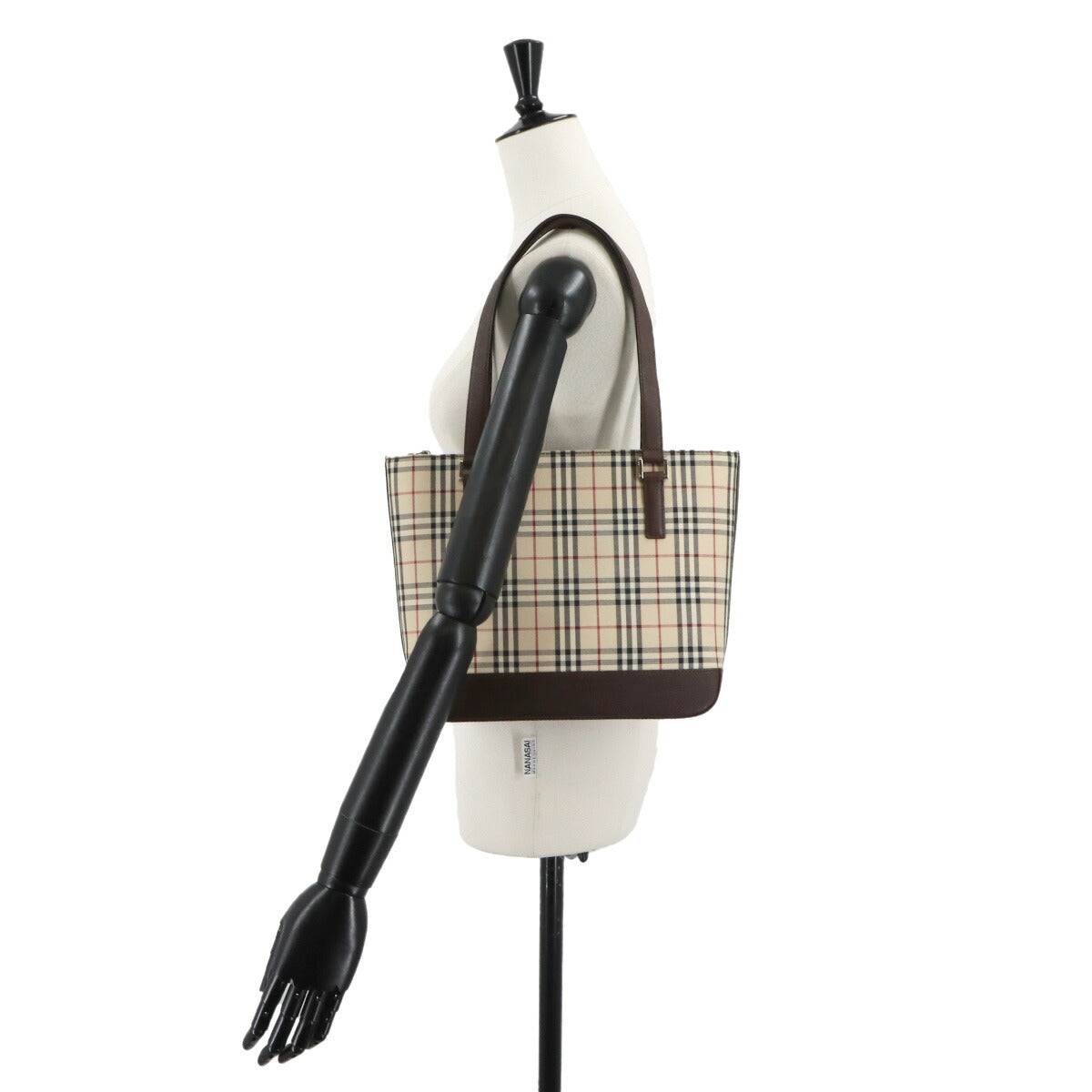 Plaid Hand Bag Canvas Leather Beige Brown Purse