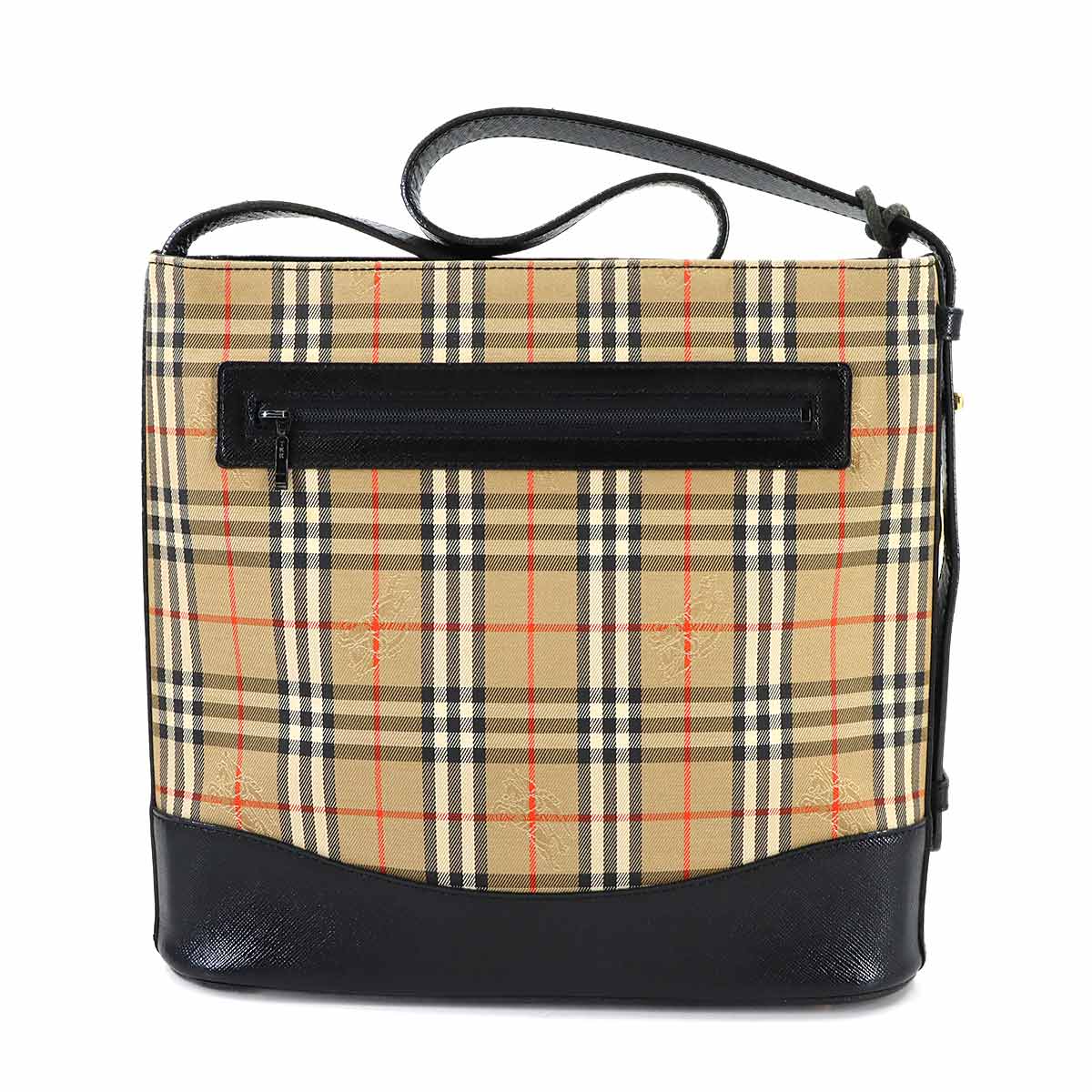 Shoulder Bag Canvas Leather Beige Black Plaid Purse