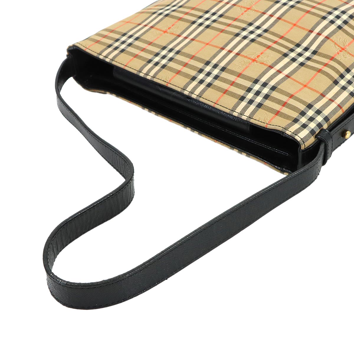 Shoulder Bag Canvas Leather Beige Black Plaid Purse
