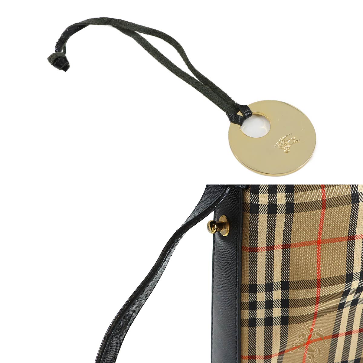 Shoulder Bag Canvas Leather Beige Black Plaid Purse