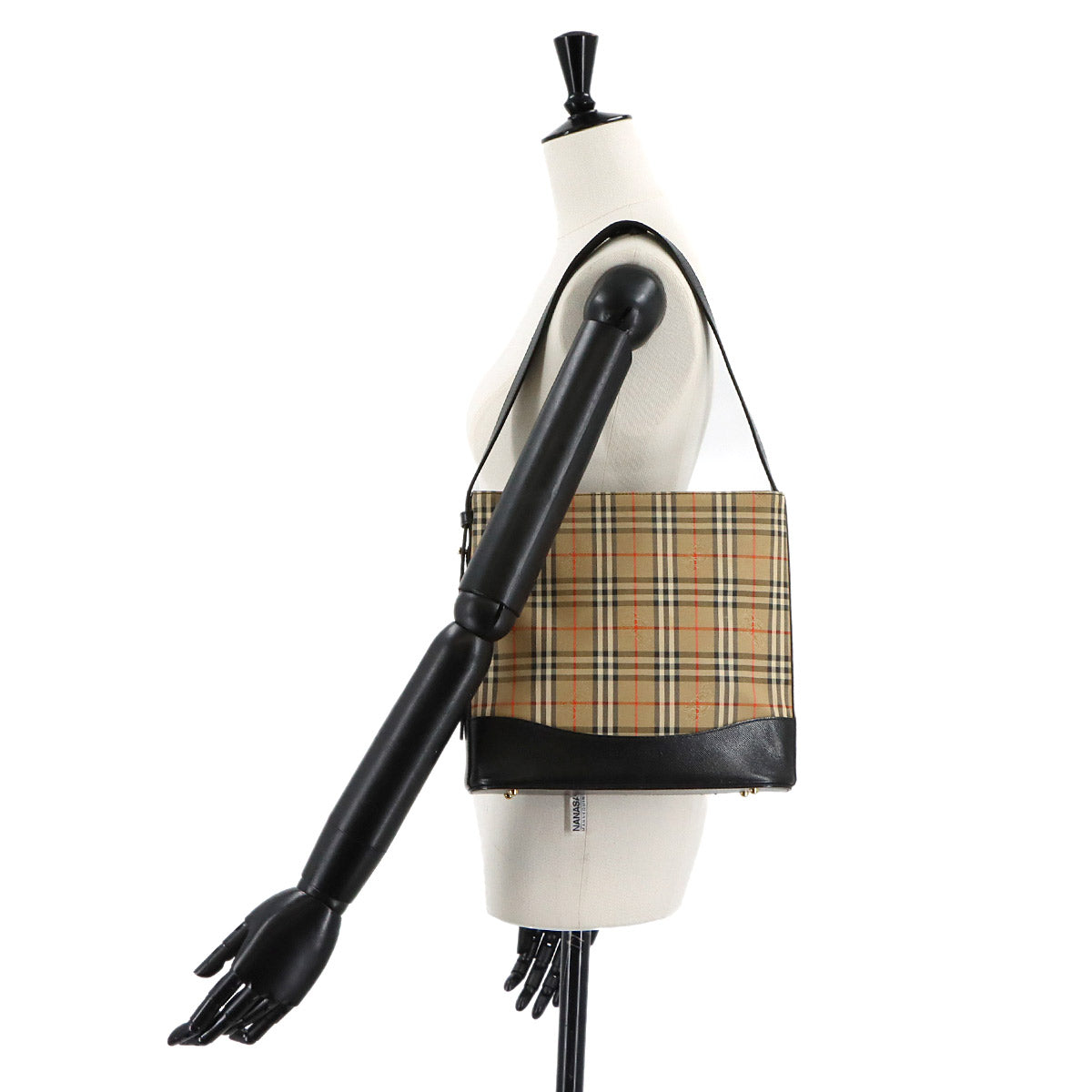 Shoulder Bag Canvas Leather Beige Black Plaid Purse