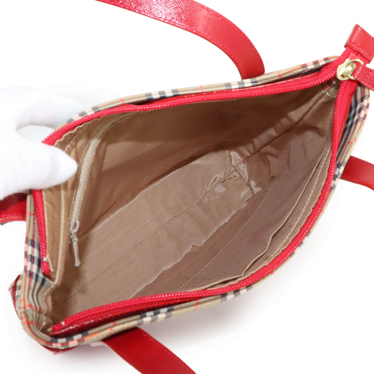 Hand Bag Canvas Leather Beige Red Purse