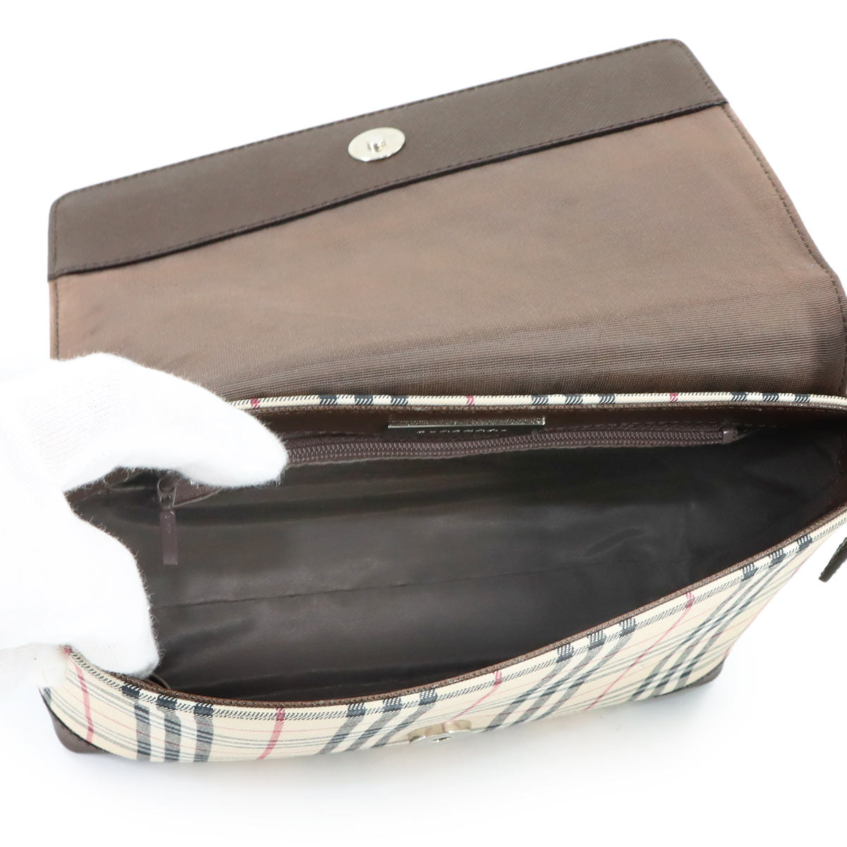 Shoulder Bag Canvas Leather Beige Brown Plaid Purse
