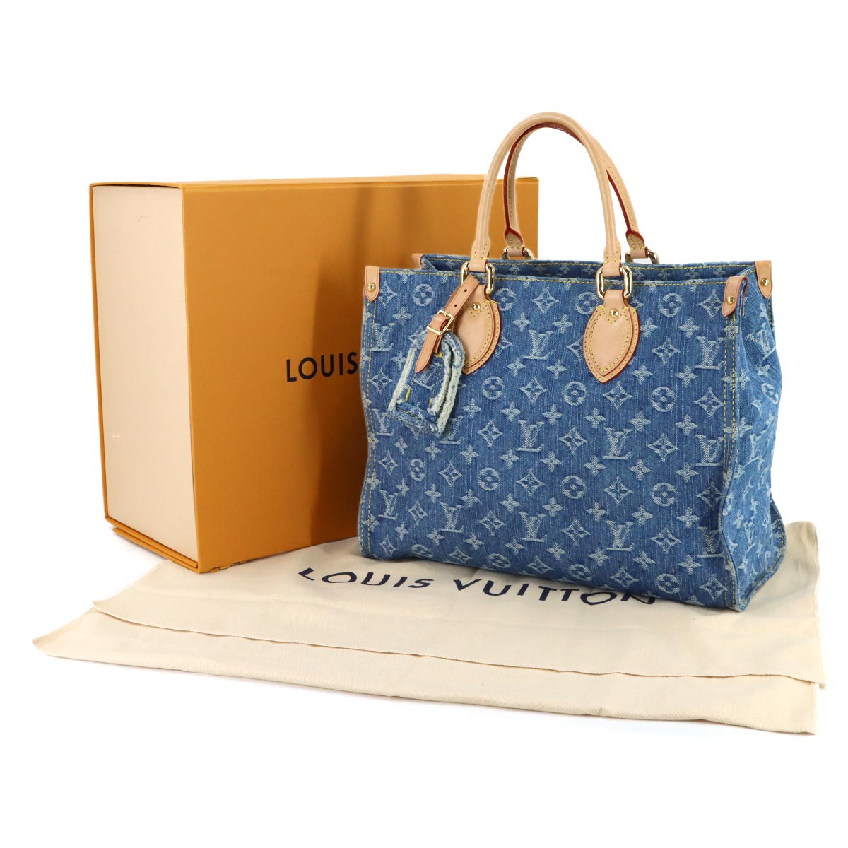 Monogram Denim Onthego MM Tote Shoulder Bag Blue M46871