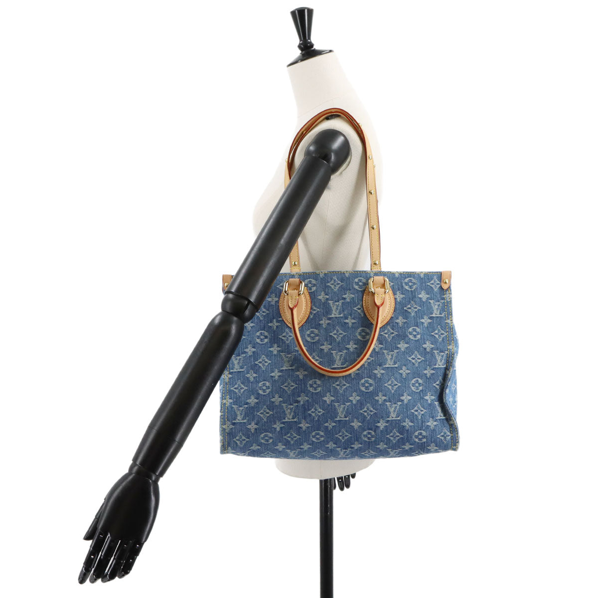 Monogram Denim Onthego MM Tote Shoulder Bag Blue M46871
