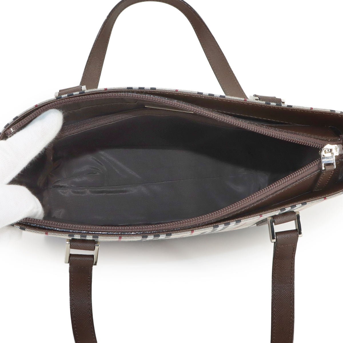 Plaid Hand Bag Canvas Leather Beige Brown Purse