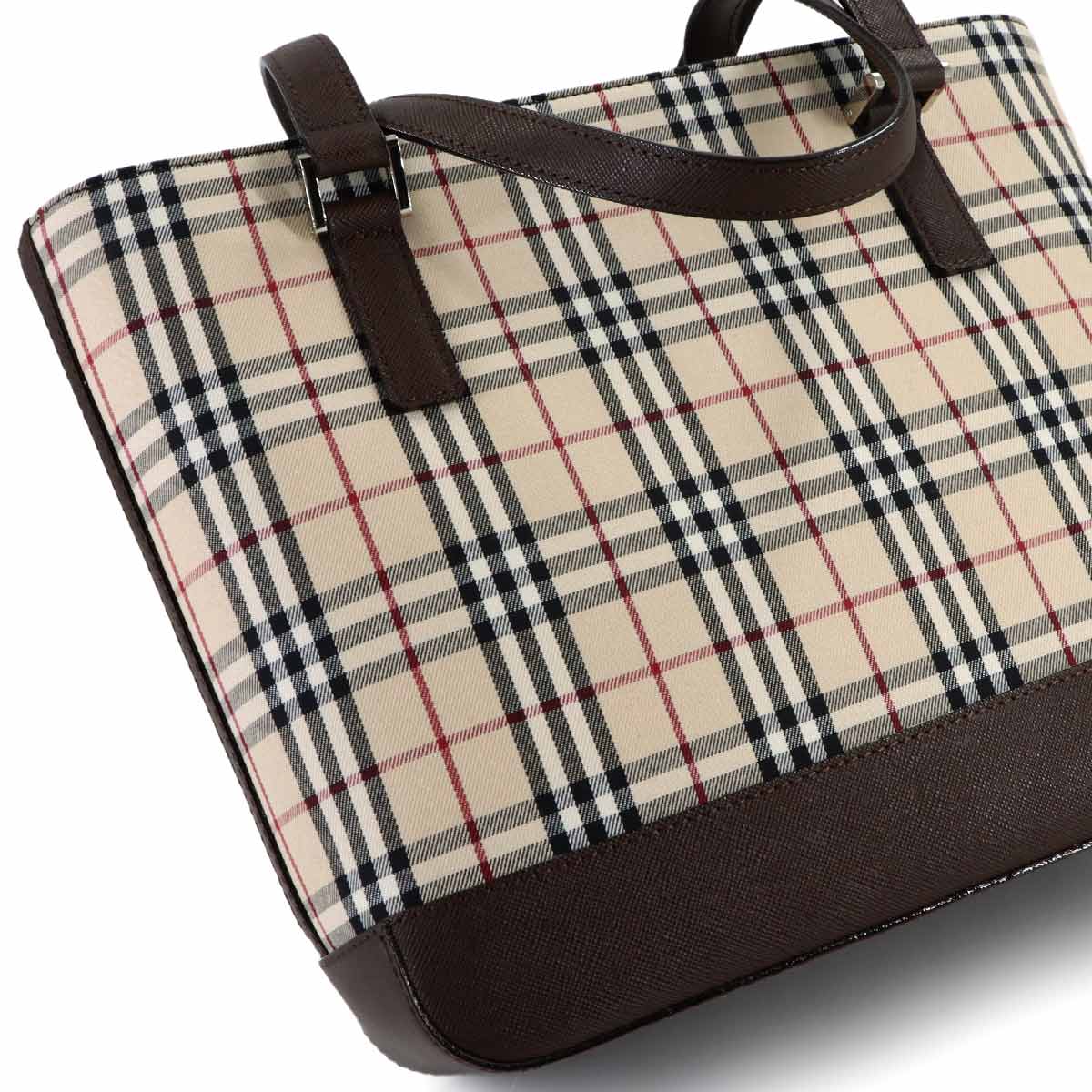 Plaid Hand Bag Canvas Leather Beige Brown Purse