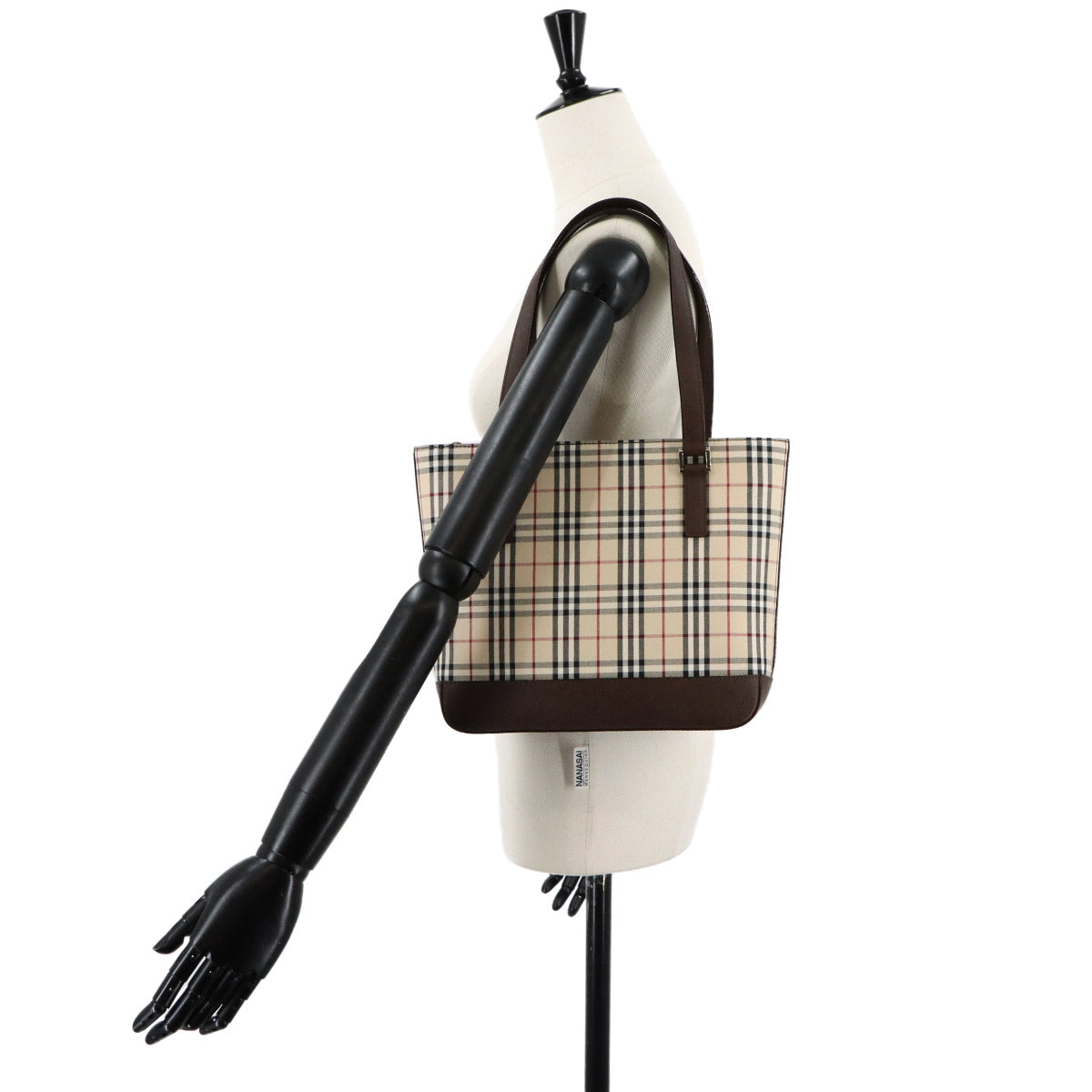 Plaid Hand Bag Canvas Leather Beige Brown Purse